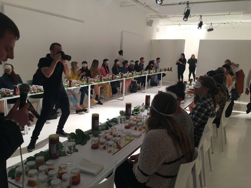 Tasting in the Dark experience in progress.